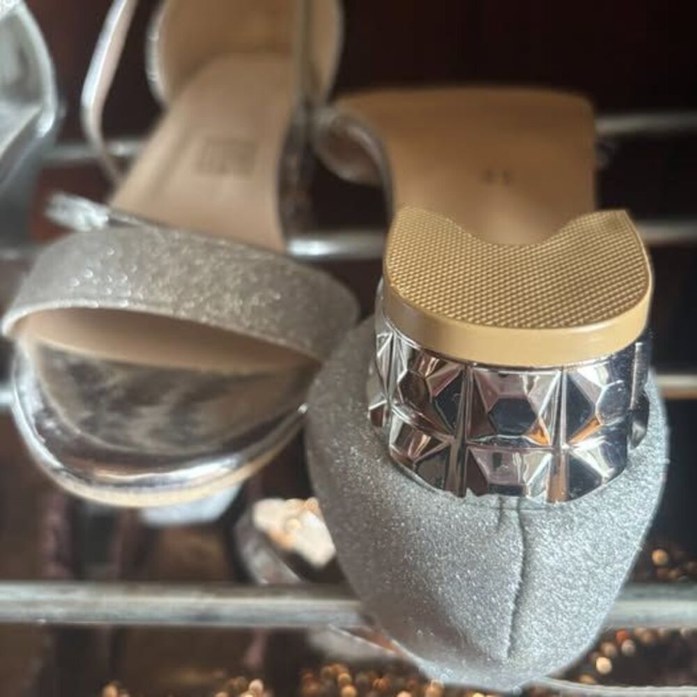 Silver Glitter Ankle Strap Block Heel Sandals